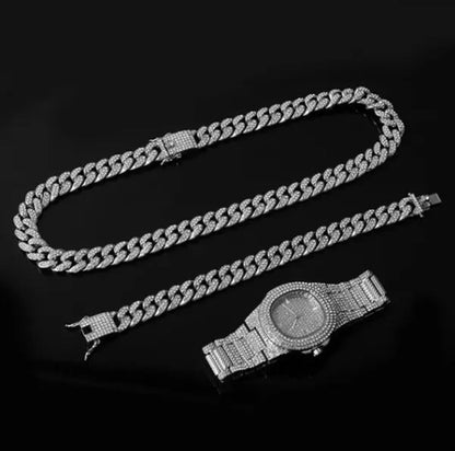 Men's Hip Hop Fashion Luxury 18K Gold and 925 Silver Ice-wound Hip Hop Diamond Watch Miami Cuban Bracelet and Ladies Watch Silver Diamond Bracelet Men and Women Hip Hop Party Jewelry