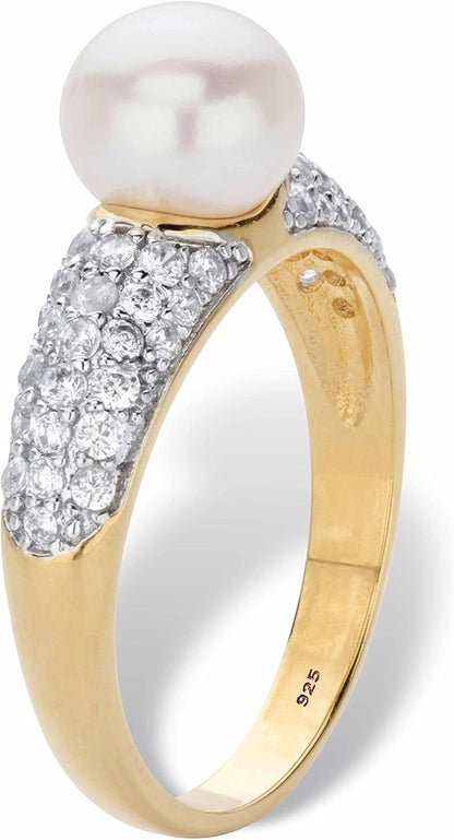 14K Yellow Gold over Sterling Silver Genuine round Cultured Freshwater Pearl and Cubic Zirconia Ring (5/8 Cttw)