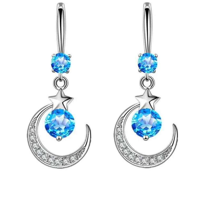 Female Fashion Star Moon Earrings Silver Plated Pink Blue White Cubic Zirconia Dangle Earrings Bride Wedding Engagement Anniversary Valentine's Day Gift Jewelry