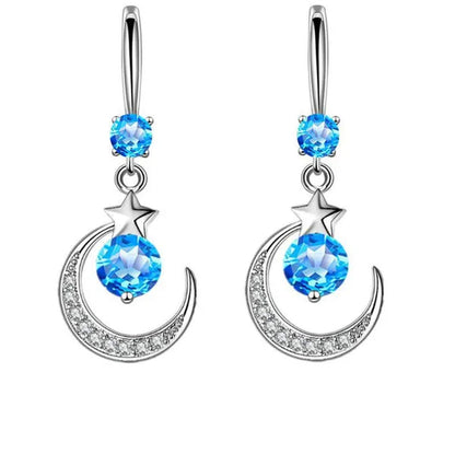 Female Fashion Star Moon Earrings Silver Plated Pink Blue White Cubic Zirconia Dangle Earrings Bride Wedding Engagement Anniversary Valentine's Day Gift Jewelry
