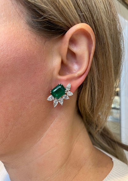 Intense Green 11.02ct Emerald and Diamond Platinum Clip Earrings