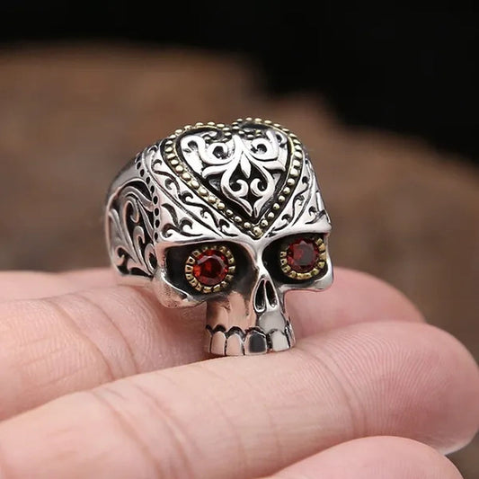 Retro Personality Silver & Gold Skull Ring Ruby Inlay Men's Punk Jewelry