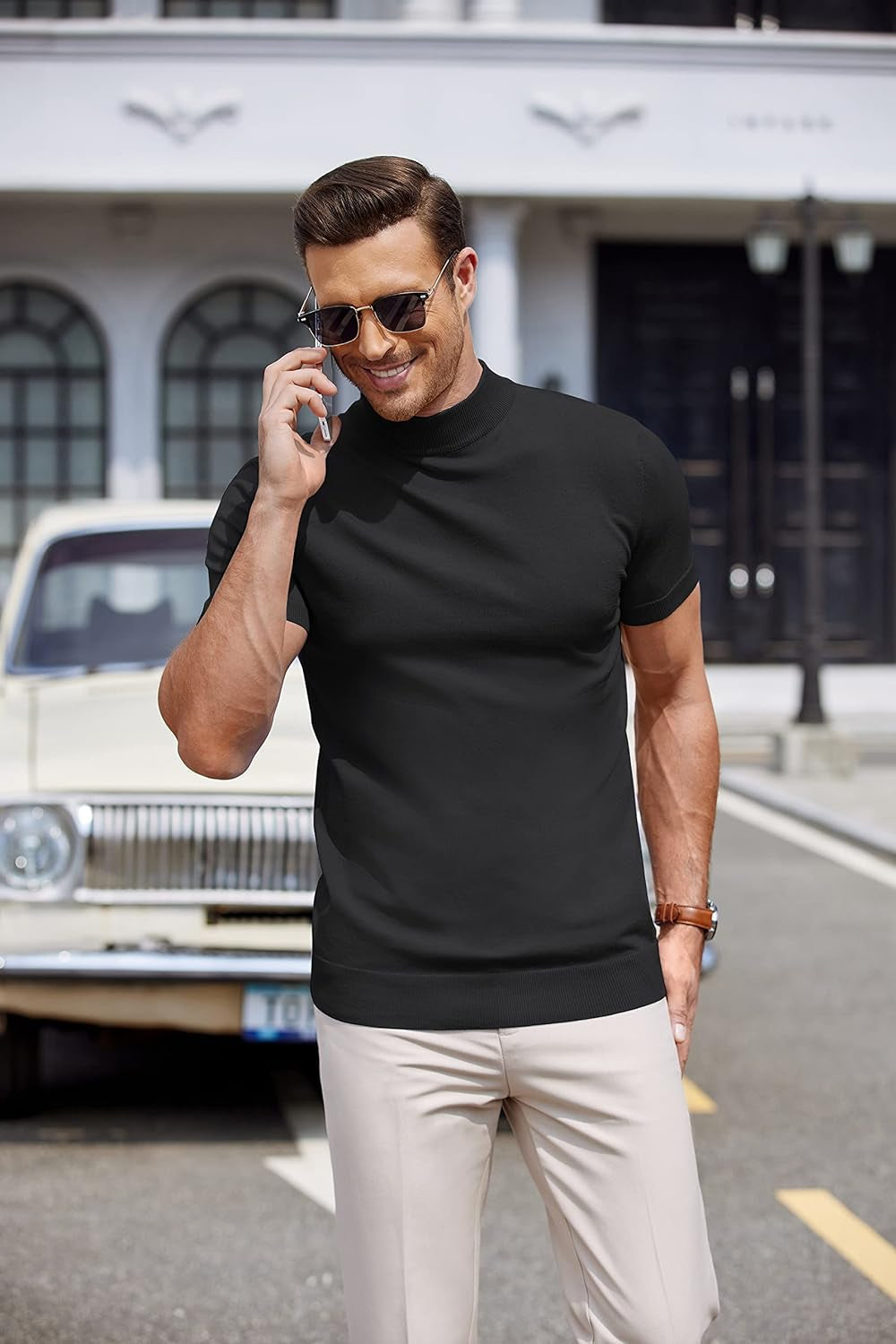 Mens Mock Turtleneck Sweater Short Sleeve Solid Color T-Shirts Basic Slim Fit Knitted Pullover Tees