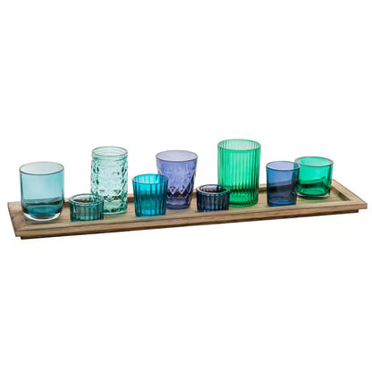 Blue and Green Glass Candle Holders on a Wood Tray (Set of 9)
