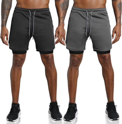 Men'S 2 in 1 Workout Running Shorts Lightweight Training Yoga Gym 7" Short with Zipper Pockets