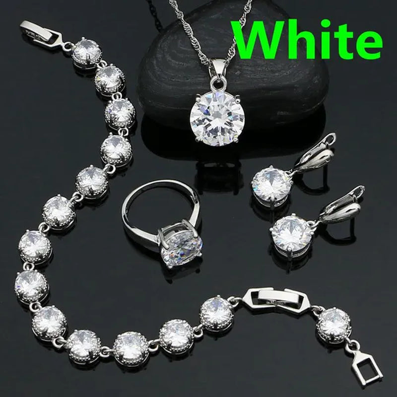 925 Sterling Silver Jewelry Set Olive Green Cubic Zirconia Retro Earrings Ring Pendant Necklace Bracelet 4Pcs for Bride