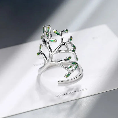 925 Sterling Silver Tree of Life Green Tree Leaves Adjustable Finger Rings for Women Sterling Silver Jewelry Wedding Party Gift