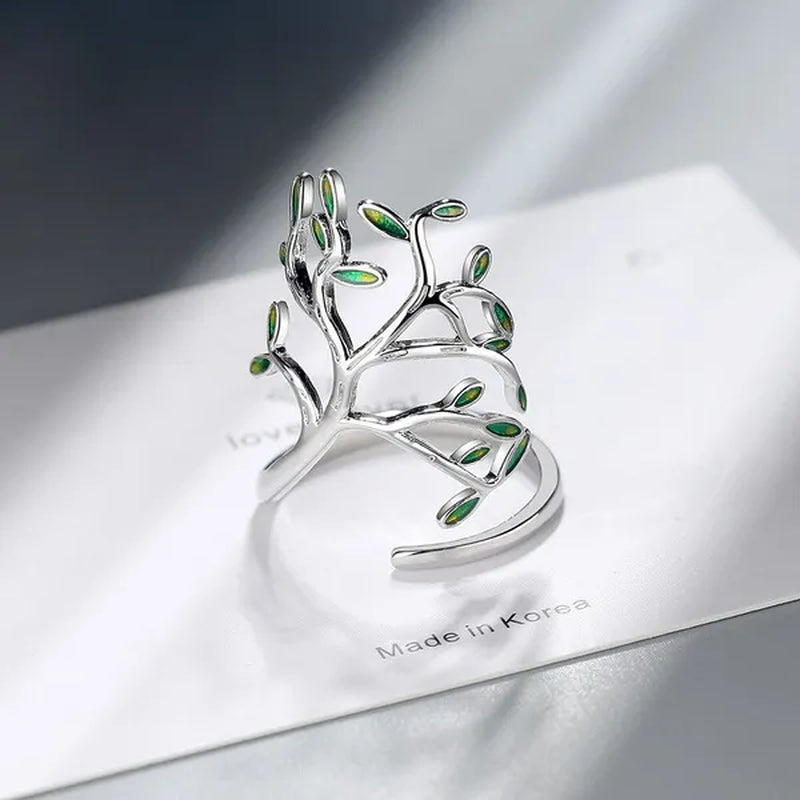 925 Sterling Silver Tree of Life Green Tree Leaves Adjustable Finger Rings for Women Sterling Silver Jewelry Wedding Party Gift