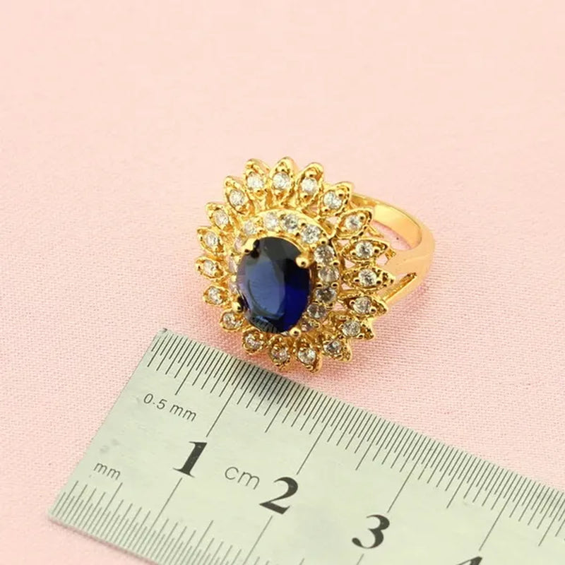 Women's Fashion Flower Shaped Gold Color Jewelry Sets Blue Zircon Earrings Pendant Rings Bracelet