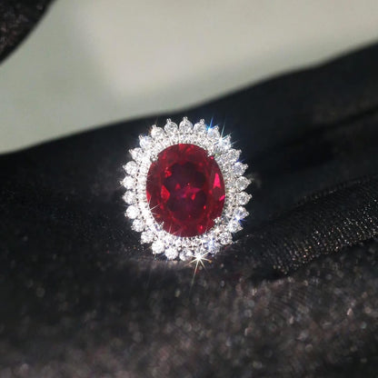 925 Sterling Silver Created Ruby Red Gemstone Index and Mid Finger Cocktail Vintage Ring for Women Oval Shape