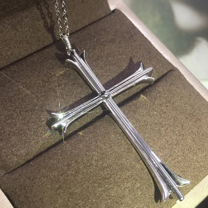 925 Sterling Silver Religious Cross Long Pendant Necklace Moissanite Charm Necklace for Women Fashion Necklace Unisex Party Banquet Fine Jewelry Personality Valentine Gift