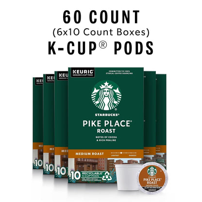 K-Cup Coffee Pods, Medium Roast Coffee, Pike Place Roast for Keurig Brewers, 100% Arabica, 6 Boxes (60 Pods Total)