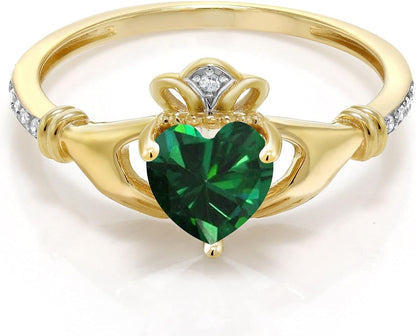 10K Yellow Gold 6MM Heart Shape Gemstone Birthstone and White Diamond Irish Celtic Claddagh Engagement Ring | Gold Ring for Women | Available in Size 5, 6, 7, 8, 9