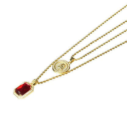 14K Gold Plated Medallion Jesus & Simulated Red Ruby 22"&27" Combo Pendant Chain Necklace