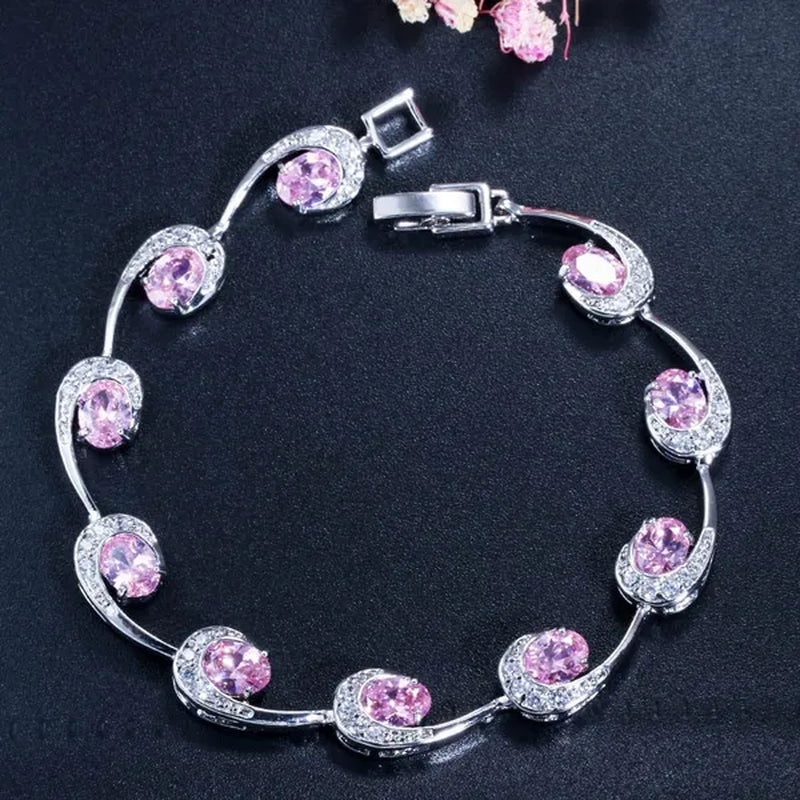CANDICE Hot Sale Silver Hand Jewelry Classic Oval Red Crystal White Zircon Peacock Tennis Bracelet Bangle for Women Gift 18cm