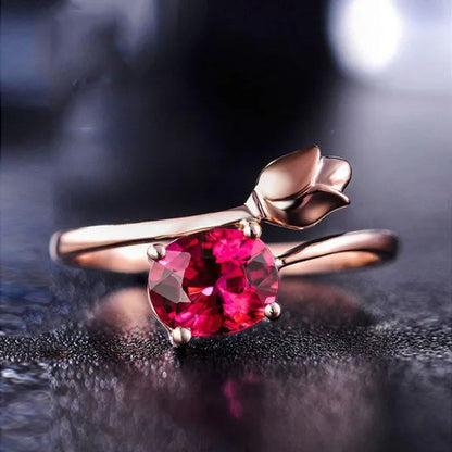 Fashion Rose Gold Tulip Ruby Ring Zircon Ring Engagement Ring Gift Lover Party Wedding Rings Size 6-10