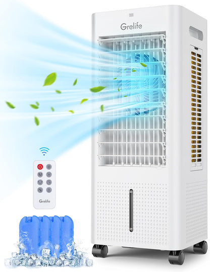 3-IN-1 Portable Evaporative Air Cooler,Grelife Air Cooler Cooling Fan with 4 Ice Packs,12H Timer,1.58Gal Water Tank,Remote Control,3 Modes,3 Speeds, Personal Swamp Cooler for Bedroom Home Office