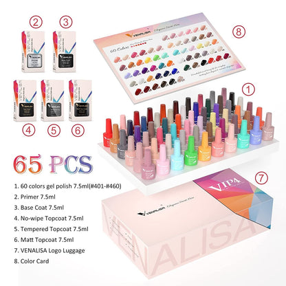 VENALISA VIP4 Gel Nail Polish Set, 60 Colors 7.5ML All Seasons Holiday Gel Polish Soak Off Glitter Nail Art Starter Kit Beauty Set for Women Girls Valentines Birthday Day Gift