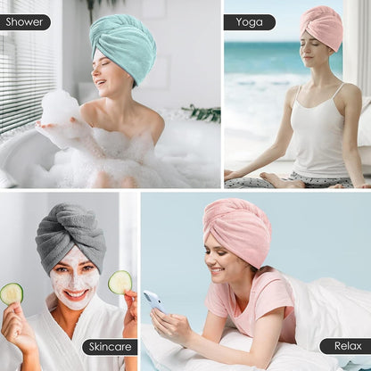 5 Pack Thicken Microfiber Hair Towel Wrap for Women - Elastic Loop Design - 320GSM Coral Velvet - Quick Dry Hair Turban - 11X28 Inch (Grey+Pink+Brown+Frozenblue+Frozenberry)