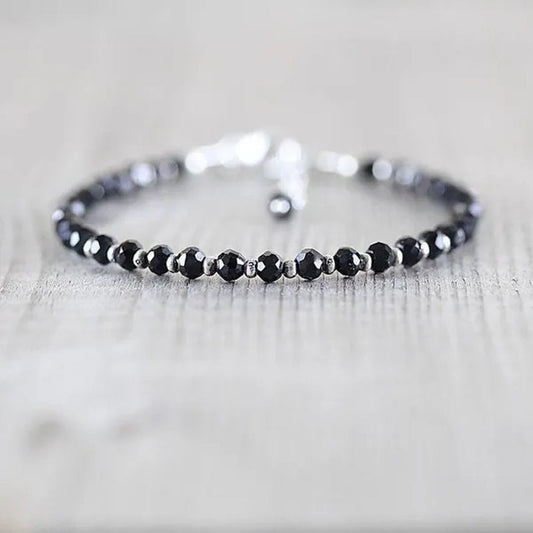 Black Spinel, Sterling & Karen Hill Tribe Silver Bracelet Boho Beaded Gemstone Bracelet Dainty Stacking Bracelet