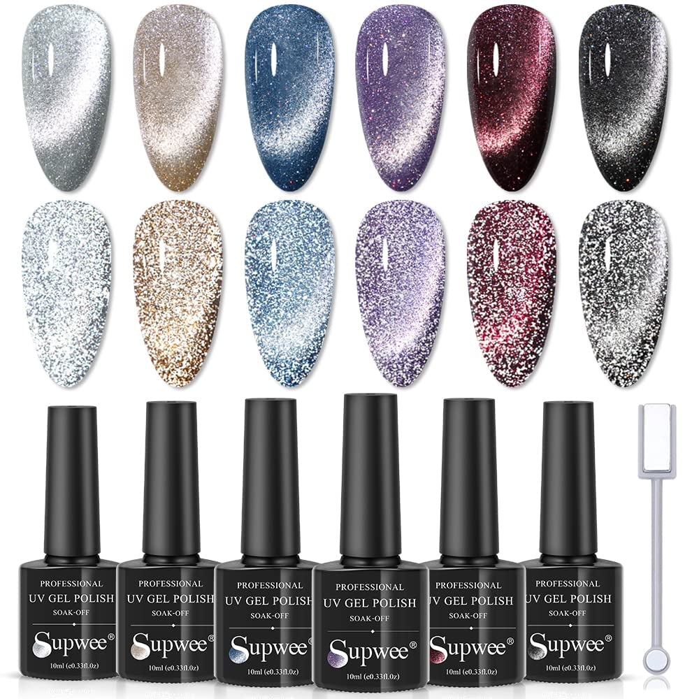 Reflective Cat Eye Gel Nail Polish Sparkling Holographic Magnetic Nail Polish Gel 9D Cateye Gel Polish Set 12 Colors with Magnet for Home DIY Manicure Nail Salon