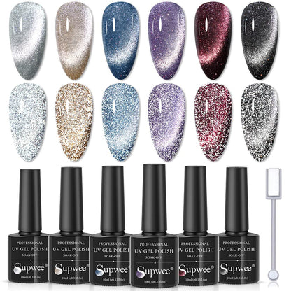 Reflective Cat Eye Gel Nail Polish Sparkling Holographic Magnetic Nail Polish Gel 9D Cateye Gel Polish Set 12 Colors with Magnet for Home DIY Manicure Nail Salon