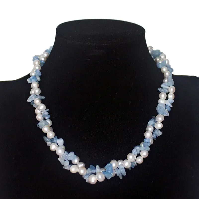 Handmade beautiful 2strands blue green stone peridot 7-8mm white freshwater cultured pearl necklace long 43-45cm