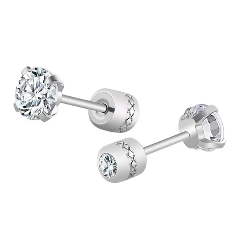 1Pc/1Pairs Silver Plated Cubic Zirconia Stud Earrings for Women Men Stainless Steel Jewelry Size: 2-6Mm