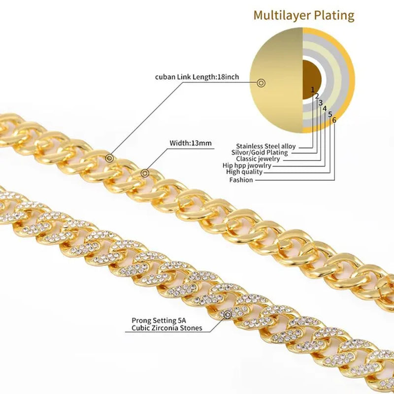 Fashion Gold / Silver Plated Solid Stainless Steel Iced Out Diamond Bracelet Thick Miami Cuban Link Chain Necklace Hip Hop Jewelry