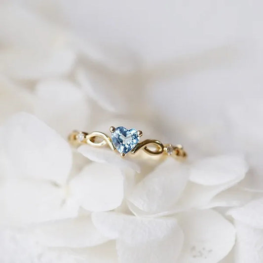 Women Dainty 18k gold plated Skyblue Heart Shaped Sapphire Diamond Gemstone Ring