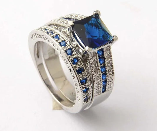 2pcs/sets 8mm Princess Cut Blue Sapphire 925 Sterling Silver Wedding Gemstone Ring