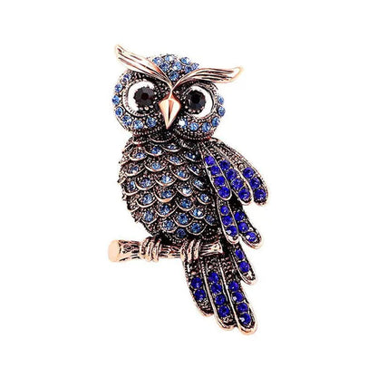 Luxury Diamond Blue Owl Brooch Pin Women's Fashion Clothing Pin Accessories Retro Owl Brooch