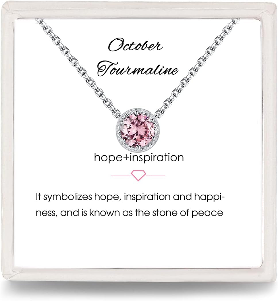 Sterling Silver Dainty Birthstone Pendant Necklace S925 White Gold Tiny Solitaire CZ Pendant Birthday Gift for Women