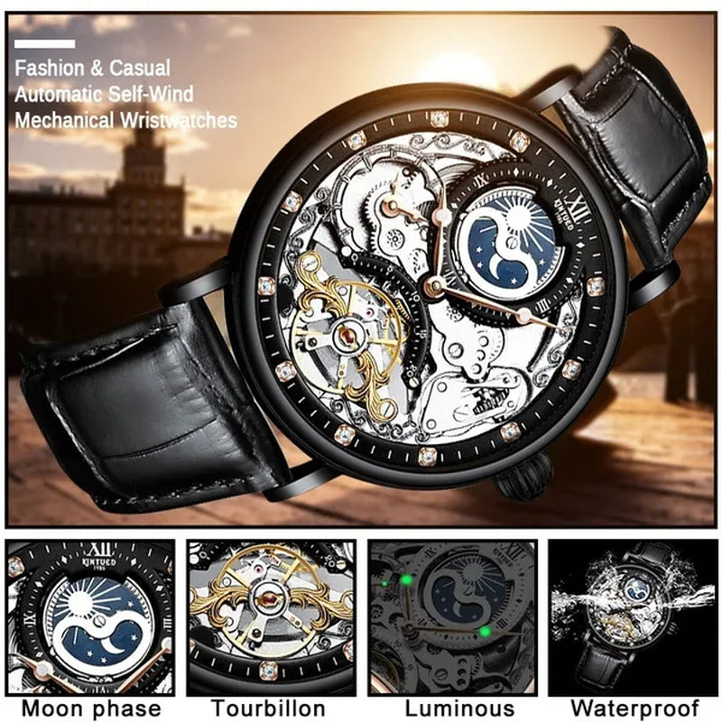 KINYUED Mechanical Automatic Watch Men Tourbillon Wristwatch Sports Clock Mechanism Self Winding Watches Casual Moon horloge man watches