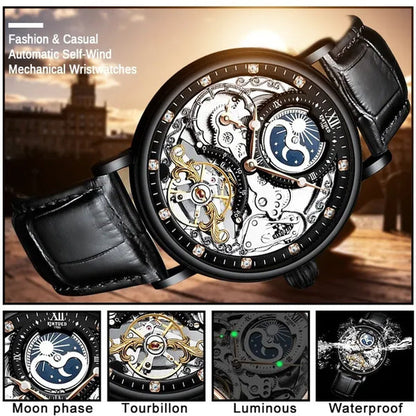 KINYUED Mechanical Automatic Watch Men Tourbillon Wristwatch Sports Clock Mechanism Self Winding Watches Casual Moon horloge man watches