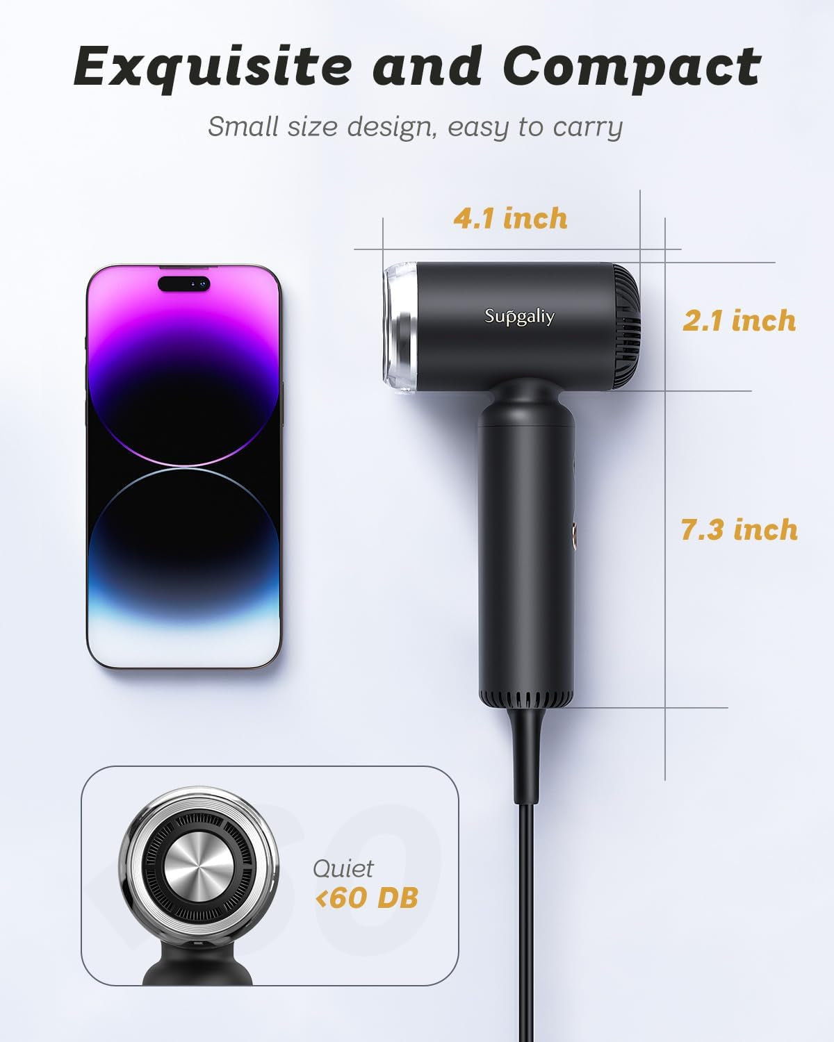 Hair Dryer - Mini Hairdryer, Ionic High-Speed Motor for Fast Drying, Portable Lightweight Blow Dryer, Quiet Professional Blowdryer with Magnetic Curly Diffuser & Concentrator for Home Travel