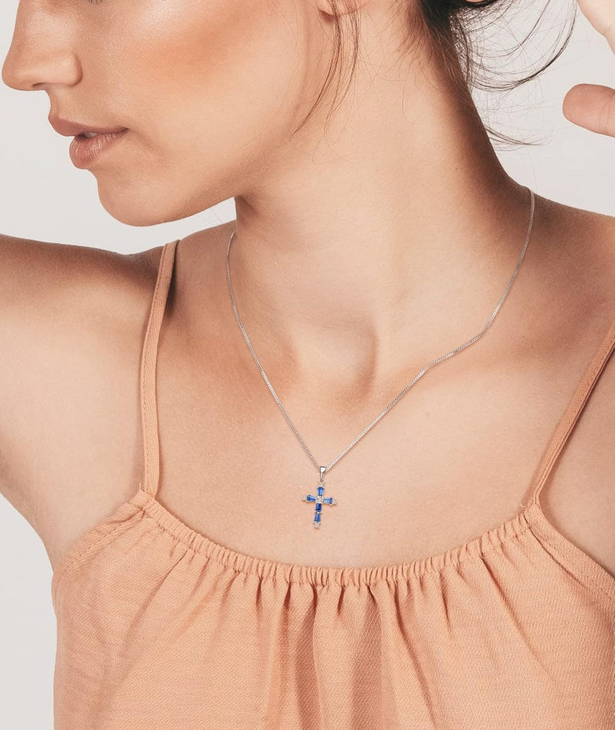 Women'S Cross Necklace Sterling Silver Criss Pendant Gemstones Christian Baptism Jewelry for Gift