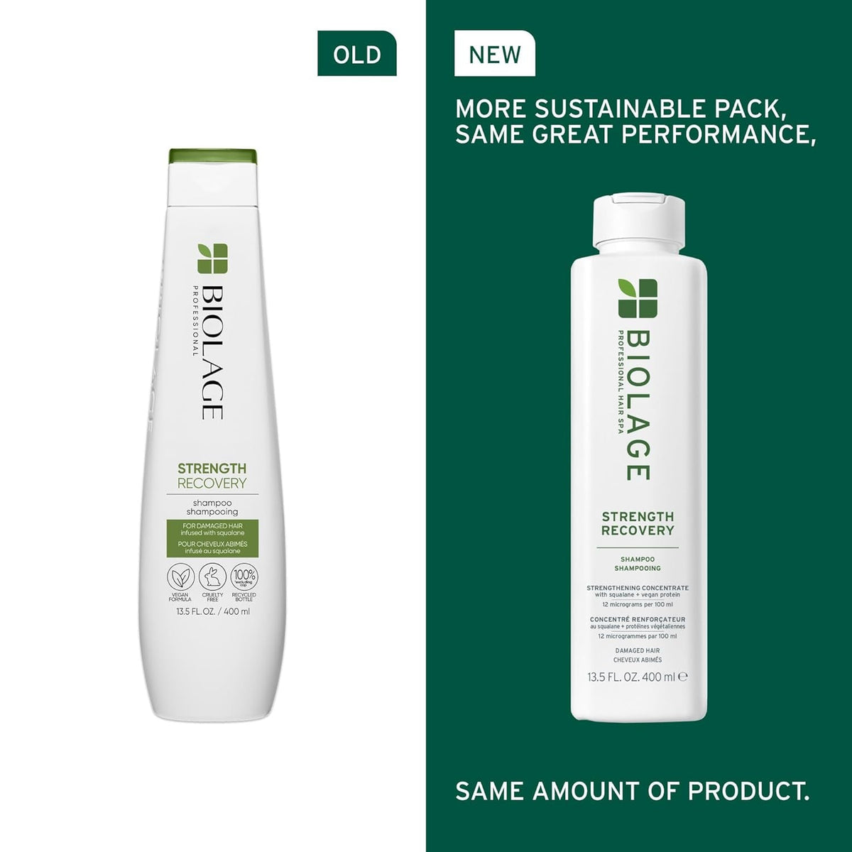 Biolage Strength Recovery Shampoo - Reduces Breakage & Detangles, for Damaged Hair, with Olive Squalane & Vegan Proteins, Paraben & Mineral Oil-Free, Packaging May Vary