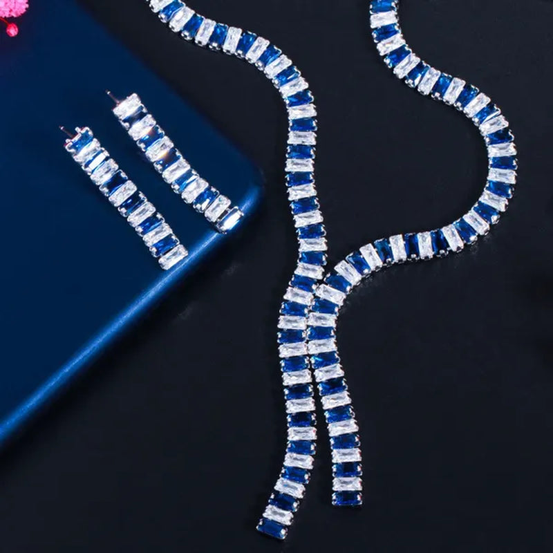 Gloriya Baguette Cut Cubic Zirconia Evening Jewelry Set Blue Stone Wedding Tennis Necklace and Drop Earrings for Brides