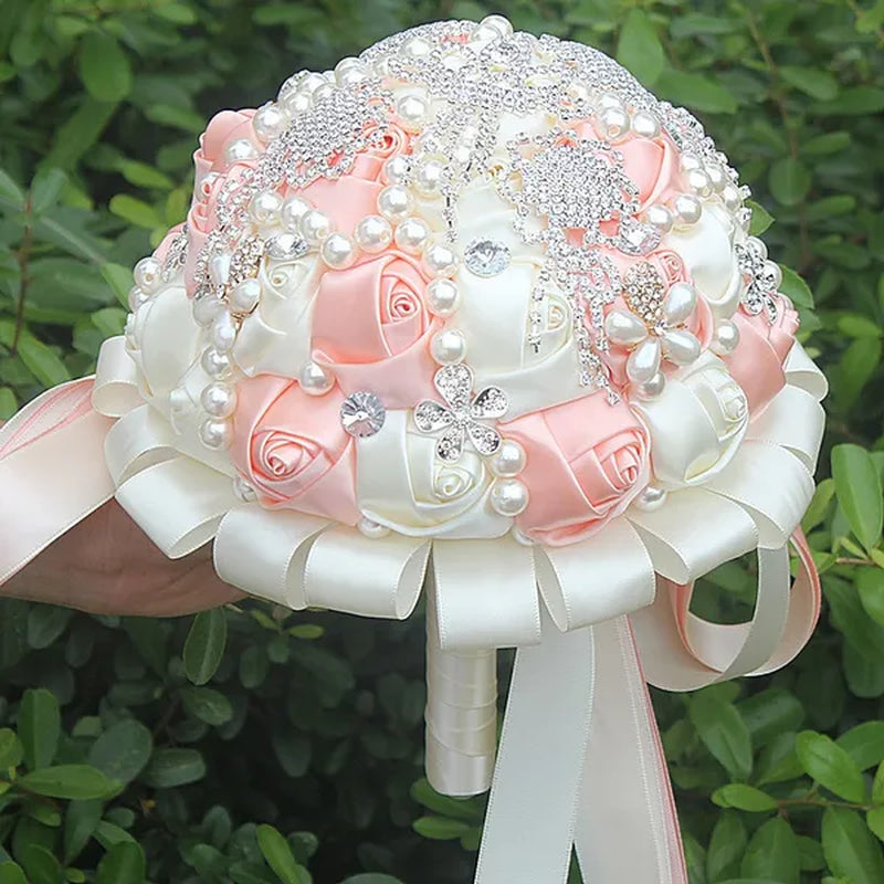 Customizable Charming Wedding Bouquets Diamond Brooch Bride Holding Flowers Cream Rose Ribbon Wedding Decoration Bridesmiad Bouquet