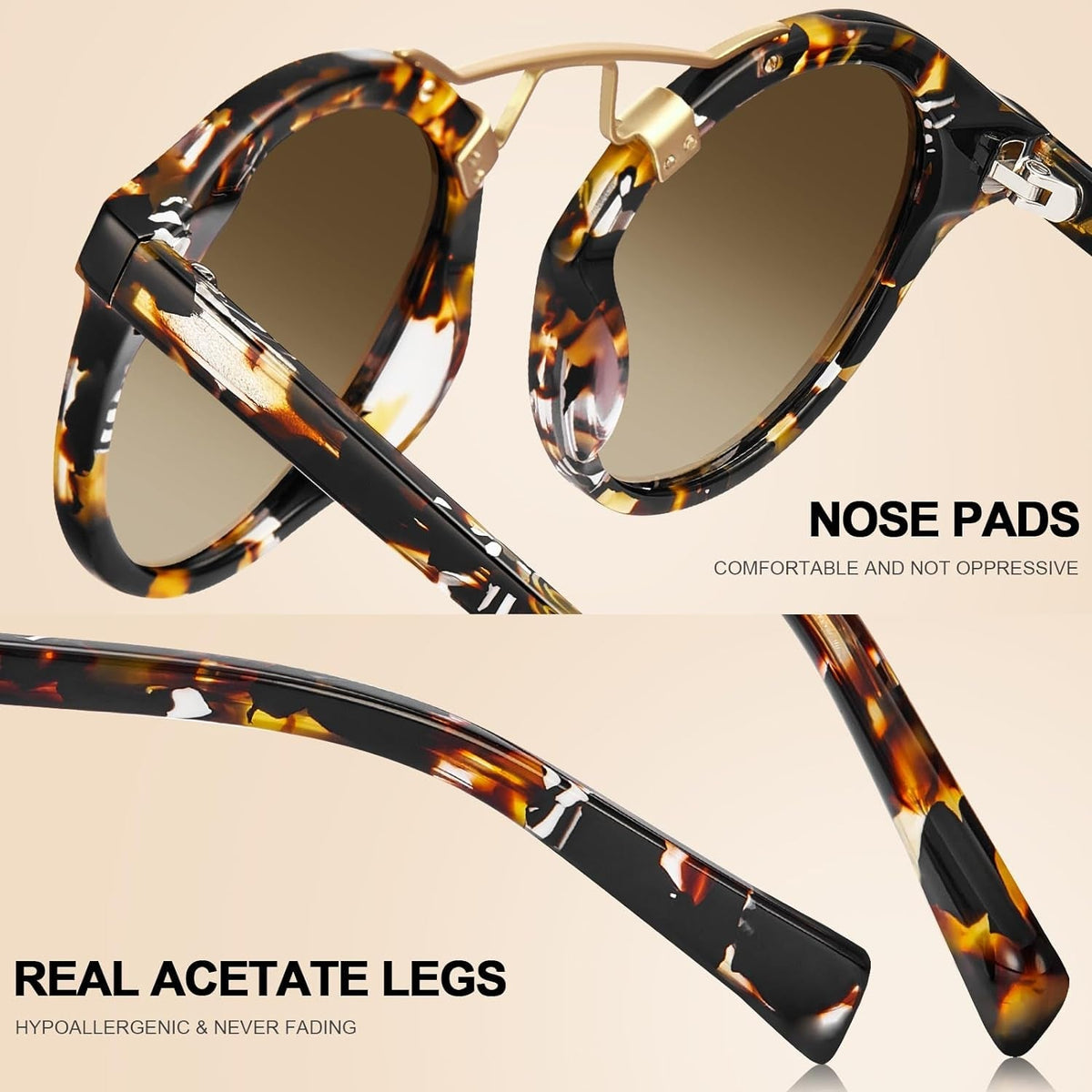 Small Acetate Polarized Sunglasses for Women UV Protection, Retro Double Bridge Eyewear Metal Brow Round Sunnies