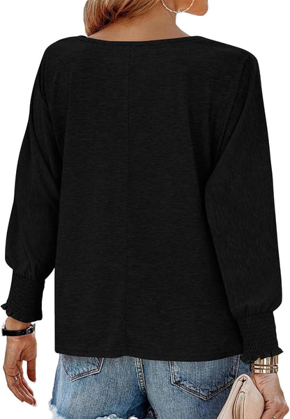 Womens Long Sleeve Tops Fall Outfits 2024 Dressy Casual Crew Neck Tee Shirts Smocked Loose Top Tunic Blouse