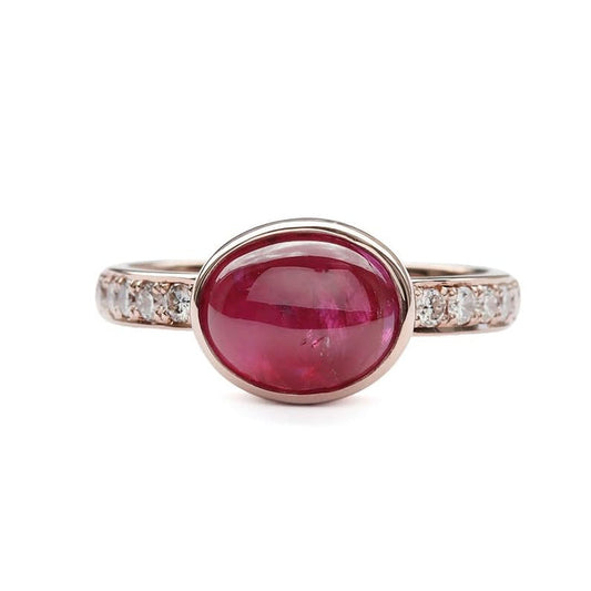 Thailand Ruby Cabochon Wedding 14K Ruby Diamond Ceremony Ring Women Valentine Gifted Ruby Vintage Ring Bezel Setting Ruby Proposal 14K Ring.
