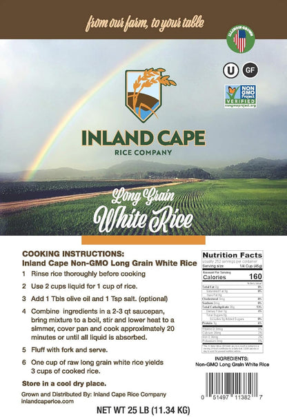 Inland Cape Rice, Long-Grain White Rice - Non-Gmo, USA Grown, 25 Lb Bag