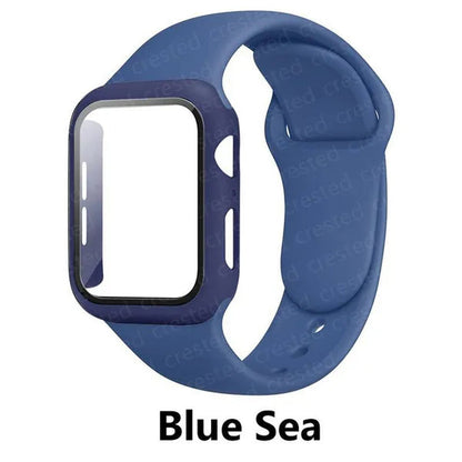 LEIXIUER Tempered Glass with Case Sport Silicone Strap for Smart Watch series  8 7 6 SE 2 3 4 5 1 for Smart Watch45mm 41mm 44mm 40mm 38mm 42mm 44 mm Sport Soft screen protector band bracelet（ Case and strap are packaged separately !）