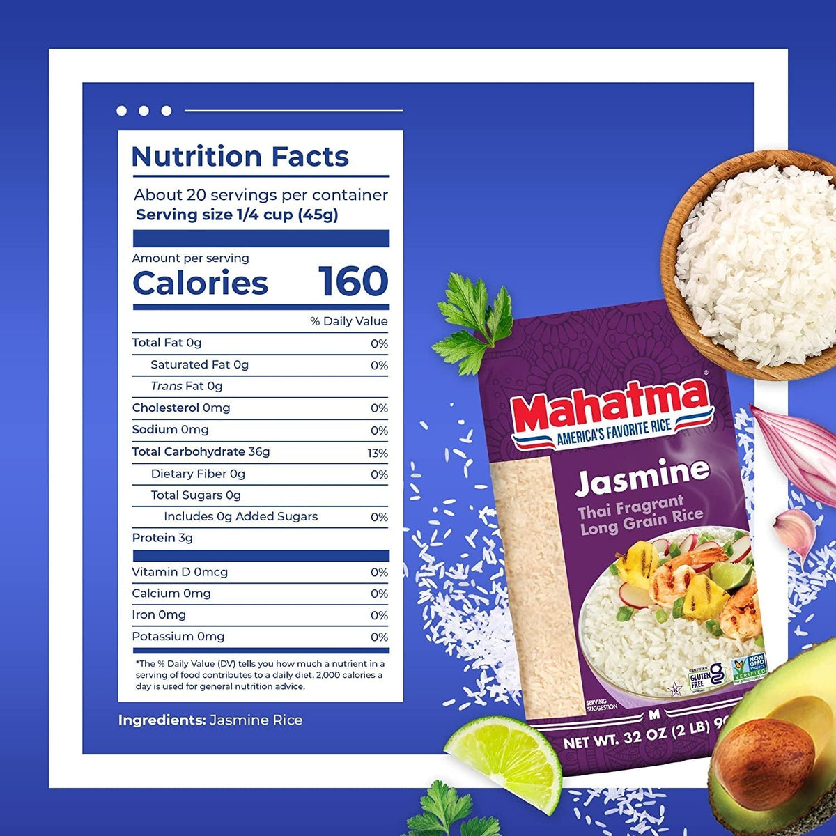 Jasmine Rice, 2Lb Bag of Rice, Thai, Indian, or Cambodian Fragrant Flavored Rice, Stovetop or Microwave Rice