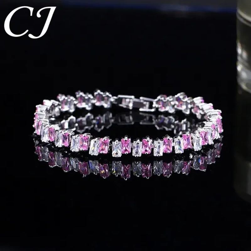 CANDICE High Quality Silver Plating Clear Rectangle CZ Setting Exquisite Women Dinner Party Green Tennis Bracelet Jewelry with Extended Clasp