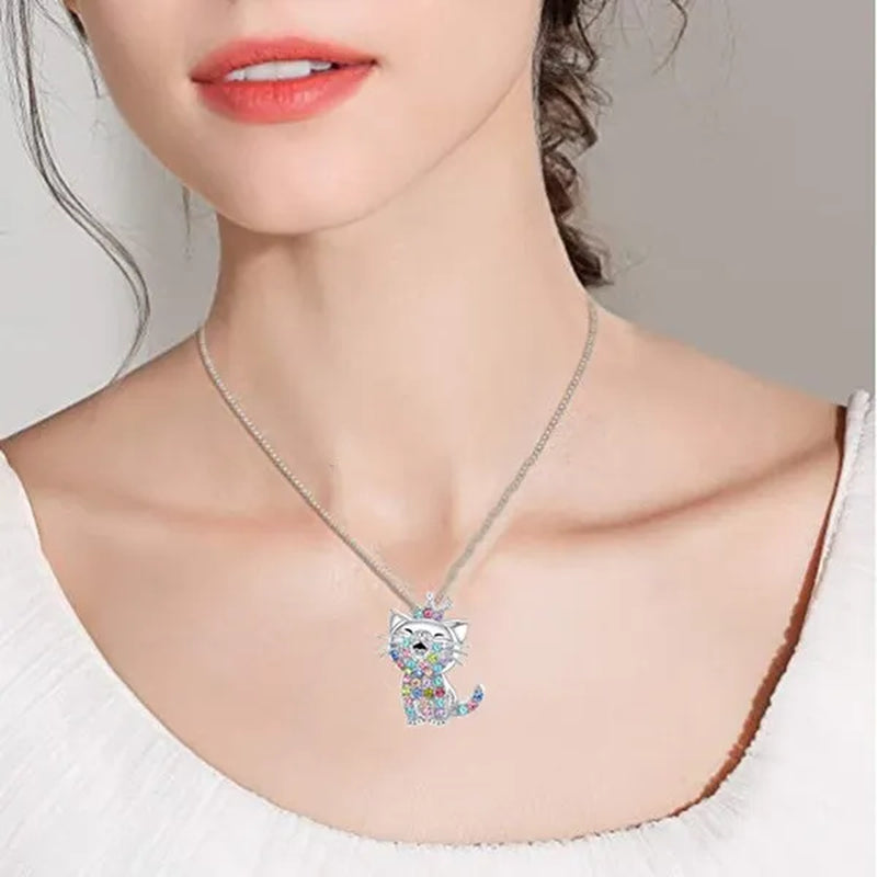 Elegant Fashion Creativity European and American Personality Women's Zircon Cat Jewelry Diamond Necklace Color Zircon Necklace Classic Cat Necklace Exquisite Women's Necklace Valentine's Day Christmas Anniversary Gift Necklace