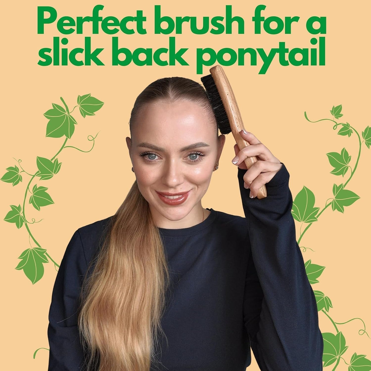Boar Bristle Slick Back Hair Brush - Soft/Medium Smoothing Hairbrush to Style, Polish, & Lay Hair down Flat to Create a Sleek Frizz Free Hairstyle for Women and Men - Wooden Handle