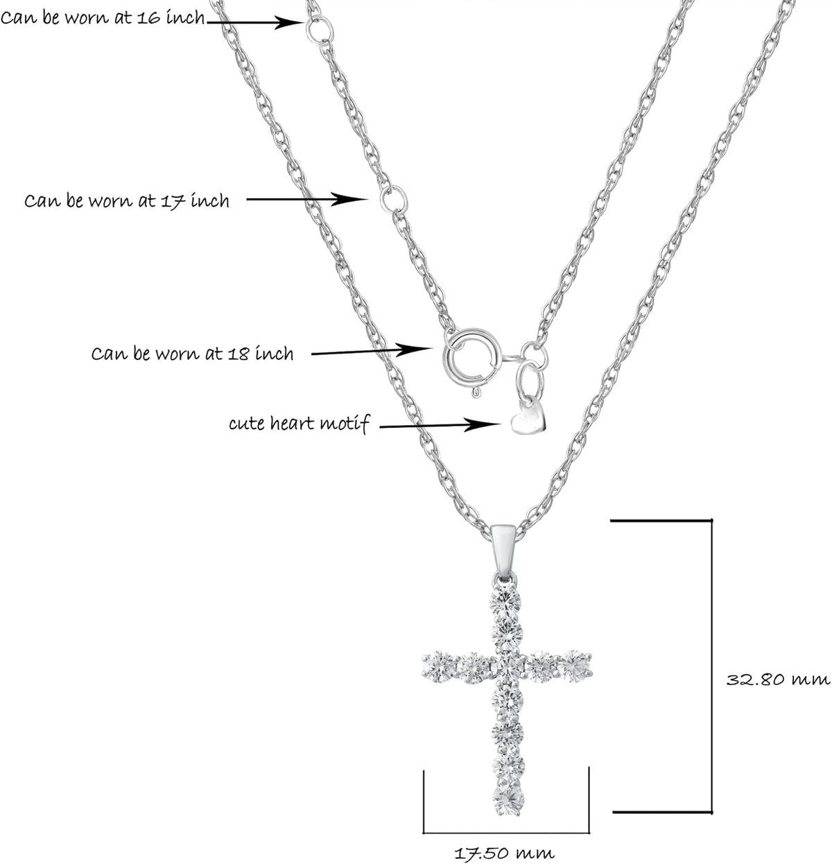Lab Grown Diamond Cross Necklace for Women | 1/20-2 1/2 CT. TW. White Rhodium Plated 925 Sterling Silver Cross Diamond Pendant Necklace | Accompanied by an Adjustable Silver Chain
